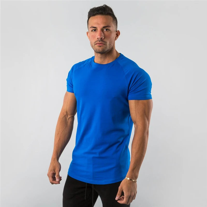 Summer Solid Cotton Short Sleeve T-Shirt Men Gym Clothing Fashion Plain Tight Tops Tees Sports Bodybuilding Fitness T shirt Men