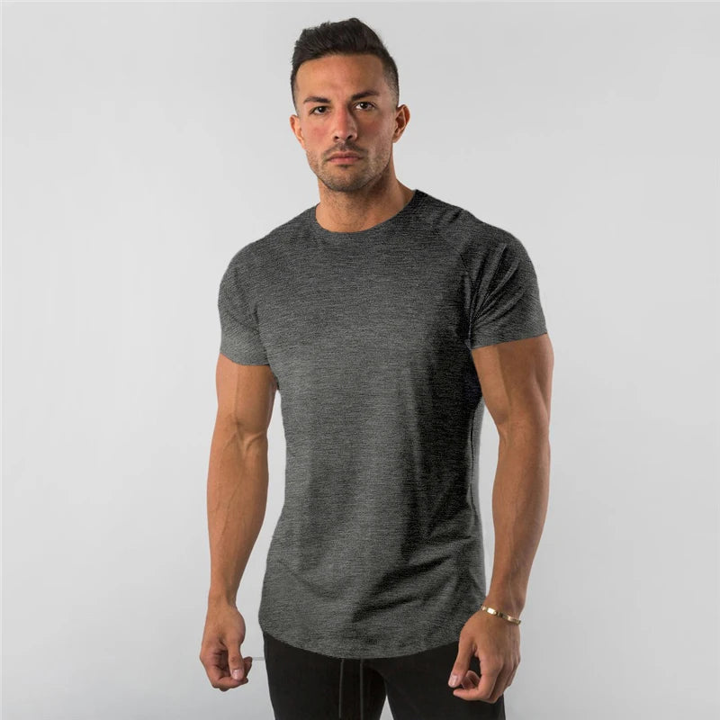 Summer Solid Cotton Short Sleeve T-Shirt Men Gym Clothing Fashion Plain Tight Tops Tees Sports Bodybuilding Fitness T shirt Men