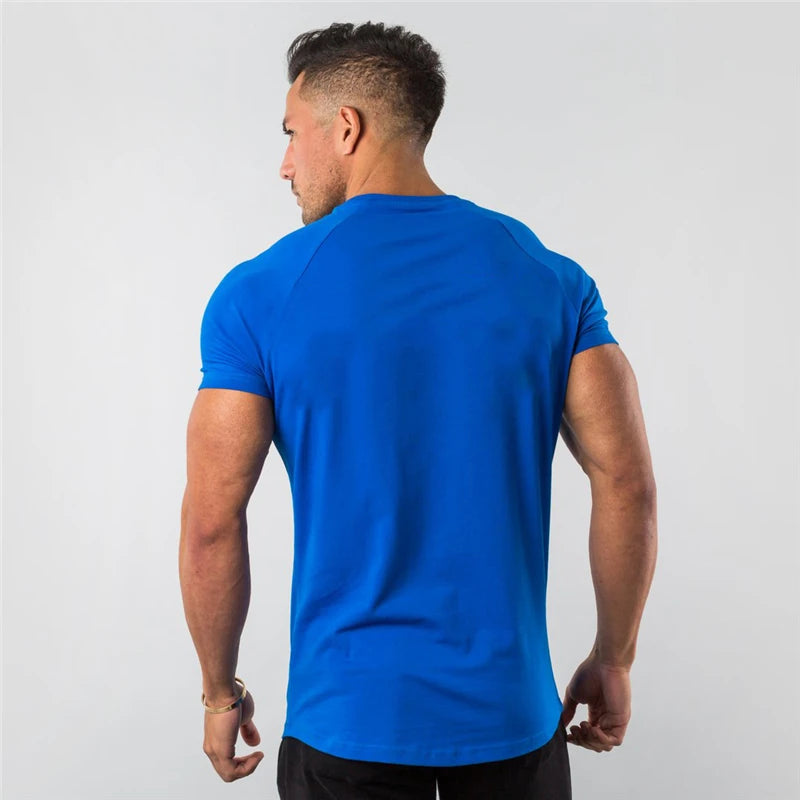 Summer Solid Cotton Short Sleeve T-Shirt Men Gym Clothing Fashion Plain Tight Tops Tees Sports Bodybuilding Fitness T shirt Men