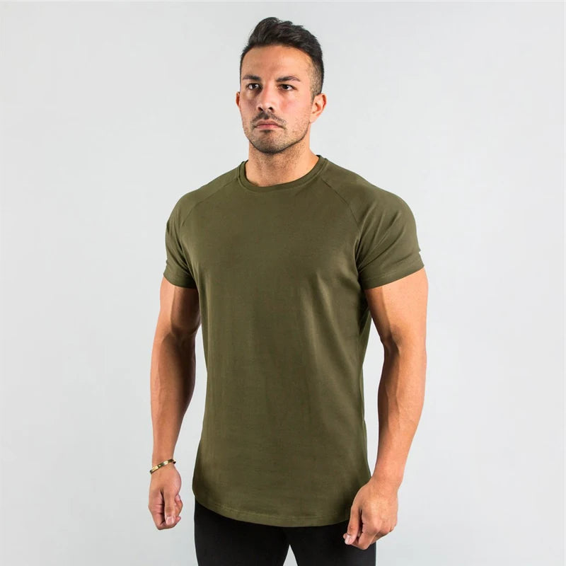 Summer Solid Cotton Short Sleeve T-Shirt Men Gym Clothing Fashion Plain Tight Tops Tees Sports Bodybuilding Fitness T shirt Men