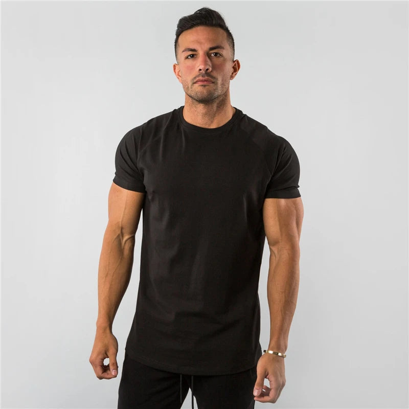 Summer Solid Cotton Short Sleeve T-Shirt Men Gym Clothing Fashion Plain Tight Tops Tees Sports Bodybuilding Fitness T shirt Men