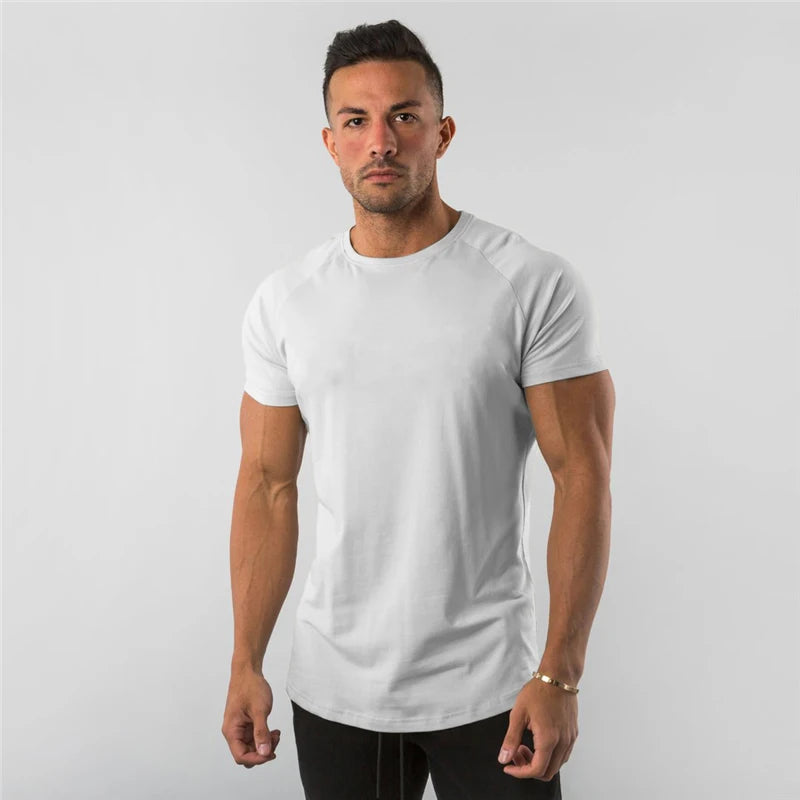 Summer Solid Cotton Short Sleeve T-Shirt Men Gym Clothing Fashion Plain Tight Tops Tees Sports Bodybuilding Fitness T shirt Men