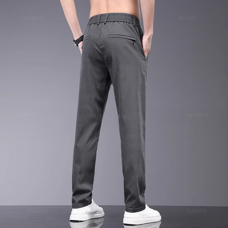 Brand Clothing Spring Summer New Thin Stretch Lyocell Fabric Men's Casual Pants Slim Elastic Waist Business Grey Trousers Male