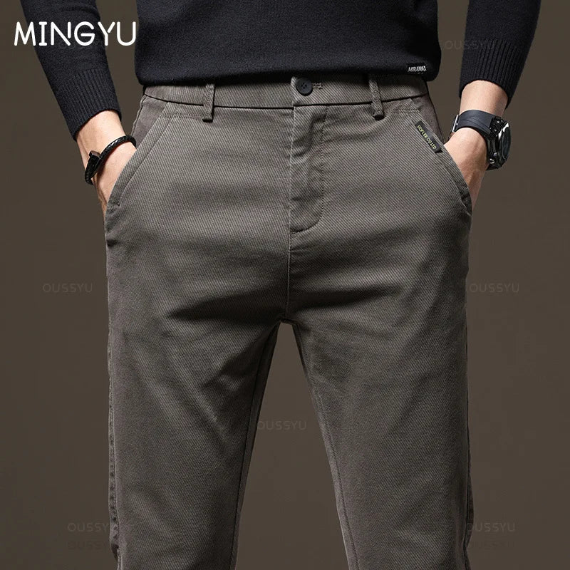 Autumn Winter High Quality Pants Men Elastic Waist Slim Coffee Twill Brand Clothing Thick Cargo Trousers Male Plus Size 28-38