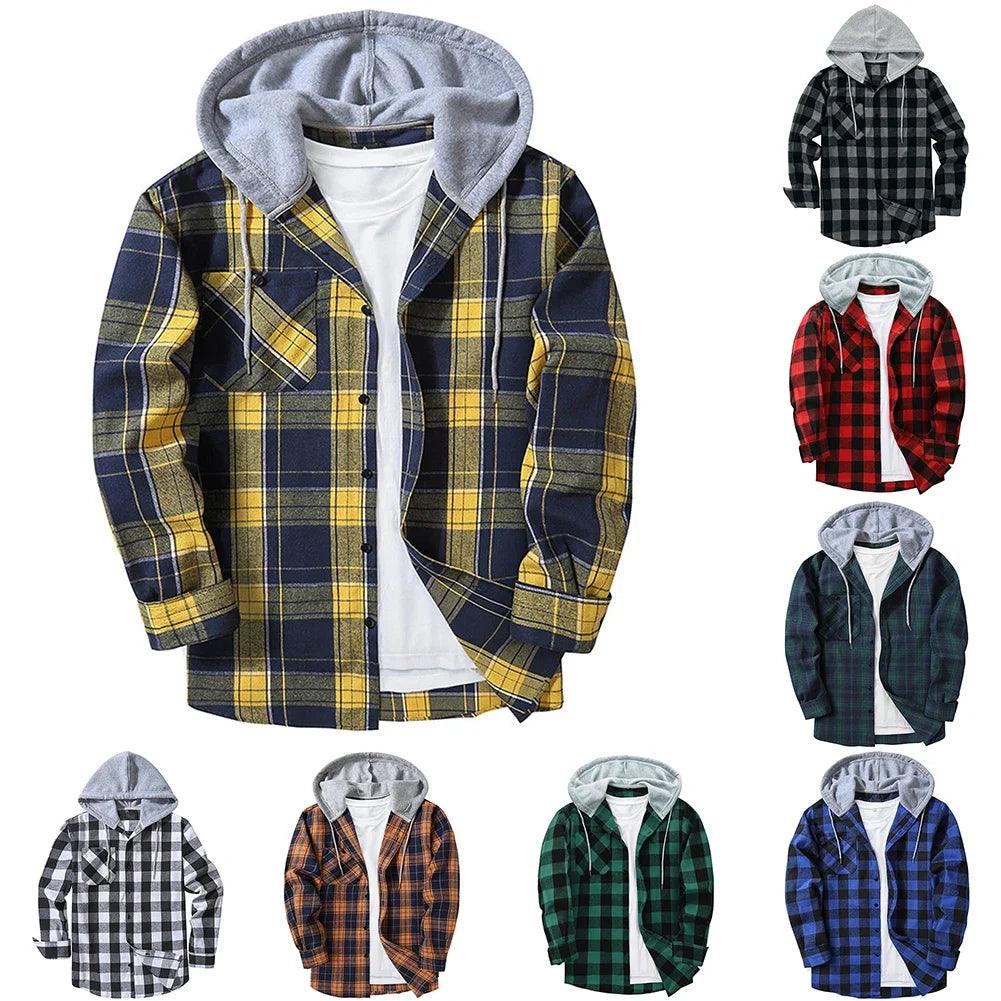 Men Plaid Long Sleeve Hooded Shirts Button Work Drawstring Casual Tops Cardigan Button Down Work Coat Tops Hoodie