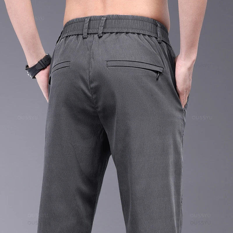 Brand Clothing Spring Summer New Thin Stretch Lyocell Fabric Men's Casual Pants Slim Elastic Waist Business Grey Trousers Male