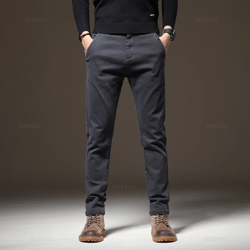 Autumn Winter High Quality Pants Men Elastic Waist Slim Coffee Twill Brand Clothing Thick Cargo Trousers Male Plus Size 28-38