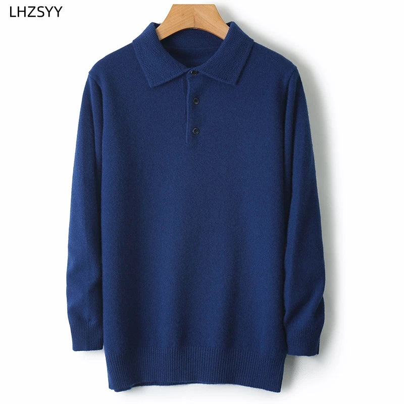 LHZSYY 100%Merino Wool Hot Cardigans Men Lapel Pullover Long Sleeve POLO Neck Sweaters Loose Tops Knit Clothing Large Size Shirt