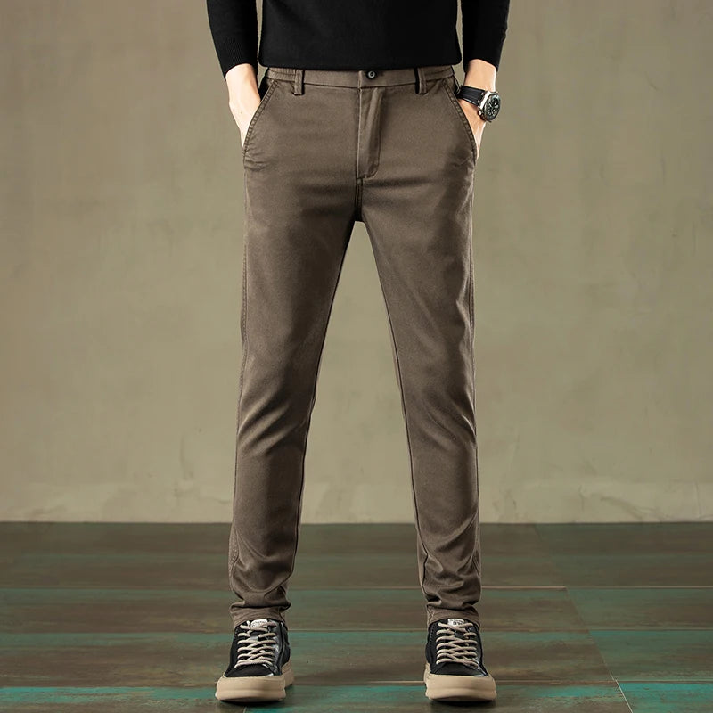 2024 Autumn New Men's Casual Pants Brand Clothing Business Elastic Waist Thick Classic Slim Trousers Male Black Grey Brow