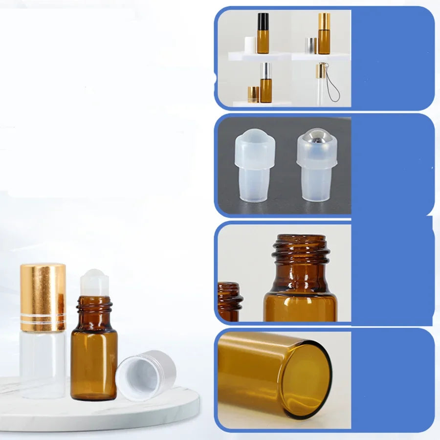 5PC Amber Roller Ball Essential Glass Oil Bottle Empty Perfume Roller Ball Refillable Liquid Container 1/2/3/5/10ML Makeup Tools