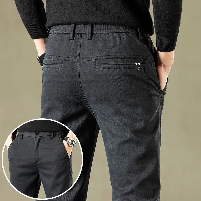 2024 Autumn New Men's Casual Pants Brand Clothing Business Elastic Waist Thick Classic Slim Trousers Male Black Grey Brow