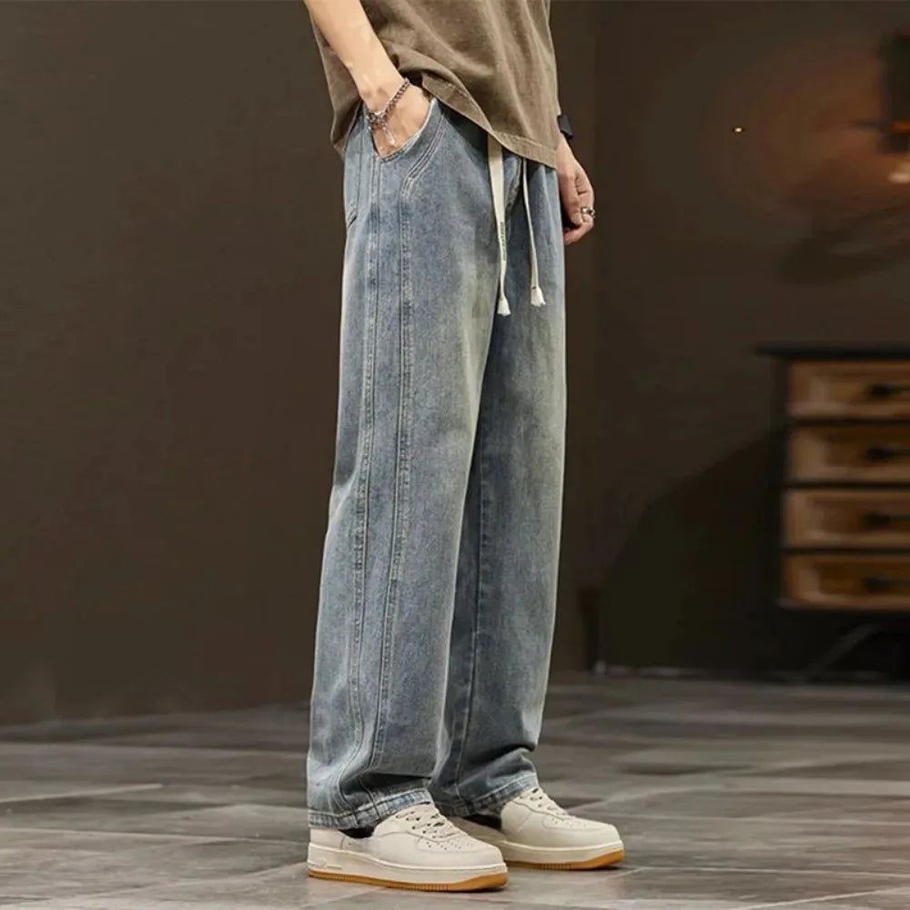 2024New Elastic loose straight jeans men's wide legged denim pants casual trousers Korean style Sportswear clothing  jeans pants