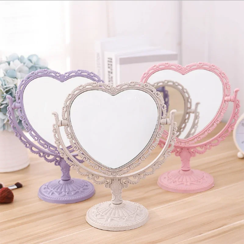 Desktop Makeup Mirror Heart Shape Vanity Portable Double-side Hand Cosmetic Compact for Women