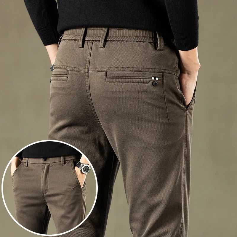 2024 Autumn New Men's Casual Pants Brand Clothing Business Elastic Waist Thick Classic Slim Trousers Male Black Grey Brow