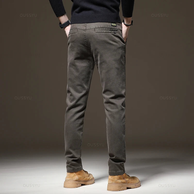 Autumn Winter High Quality Pants Men Elastic Waist Slim Coffee Twill Brand Clothing Thick Cargo Trousers Male Plus Size 28-38