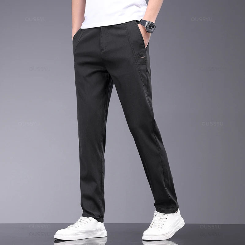 Brand Clothing Spring Summer New Thin Stretch Lyocell Fabric Men's Casual Pants Slim Elastic Waist Business Grey Trousers Male