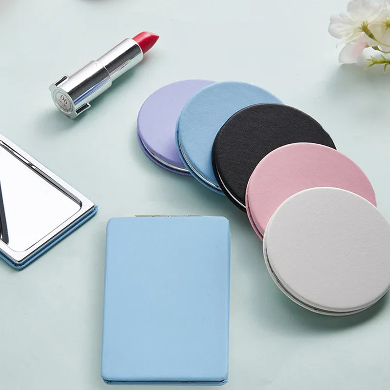 Mini PU Makeup Mirror Magnify Foldable Double Pocket Small Makeup Mirror for Travel Beauty Cosmetic Tool