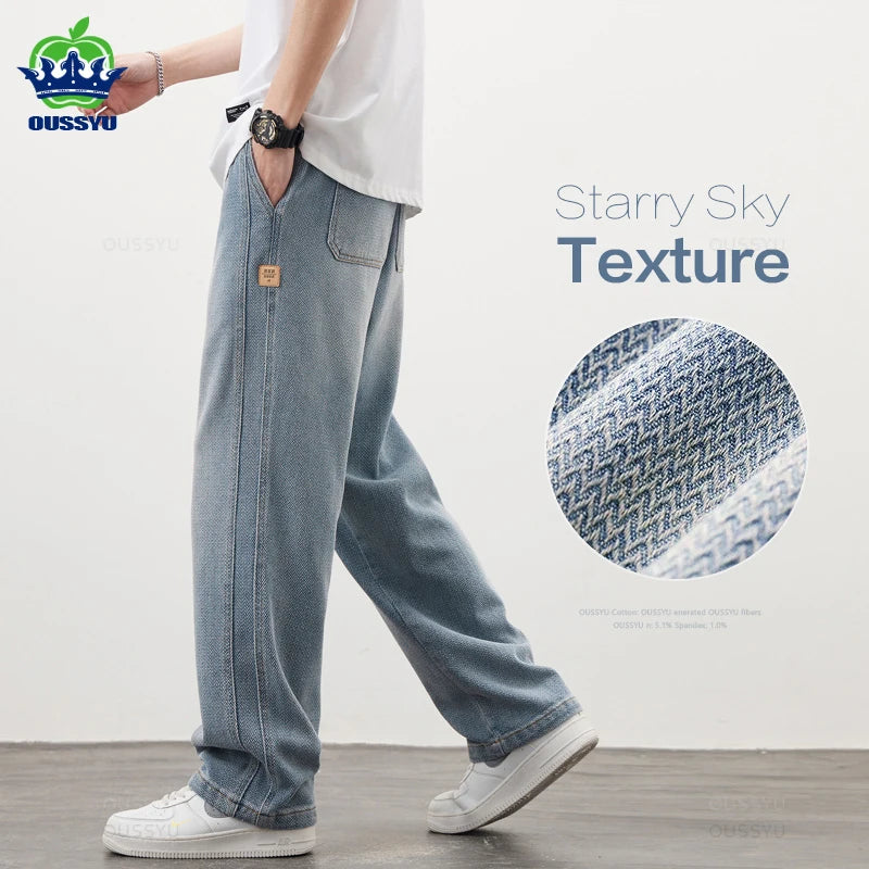 Brand Clothing High Quality Starry Sky Texture Fabric Men's Jeans Loose Straight Denim Pants Elastic Waist Drawstring Trousers