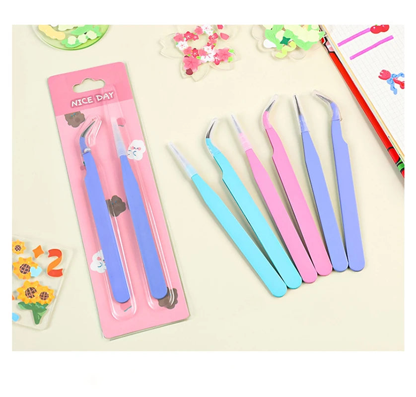 1/2PC Stainless Steel Straight Curved Colored Tweezer for Nail Art Sticker Rhinestone Picking Tool Makeup False Eyelash DIY Tool