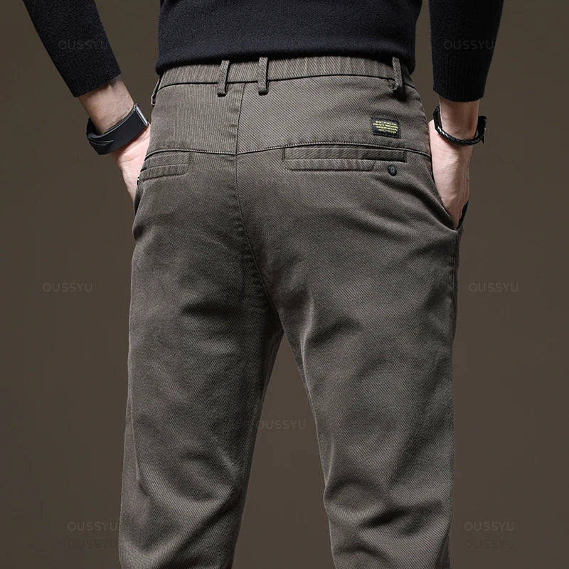 Autumn Winter High Quality Pants Men Elastic Waist Slim Coffee Twill Brand Clothing Thick Cargo Trousers Male Plus Size 28-38