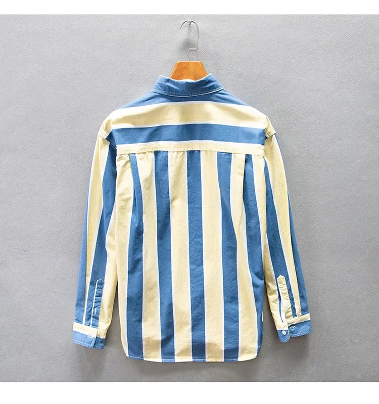 Men Clothing 2023 Autumn Winter New Men's Loose Casual Shirts Pockets Blue and Yellow Striped Fashion Cotton Comfortable Tops