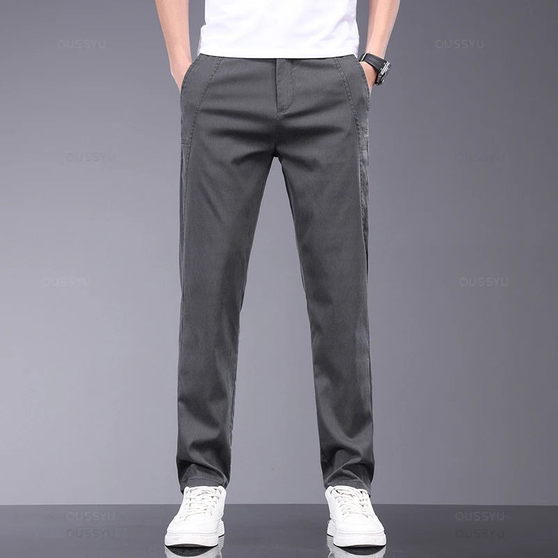 Brand Clothing Spring Summer New Thin Stretch Lyocell Fabric Men's Casual Pants Slim Elastic Waist Business Grey Trousers Male