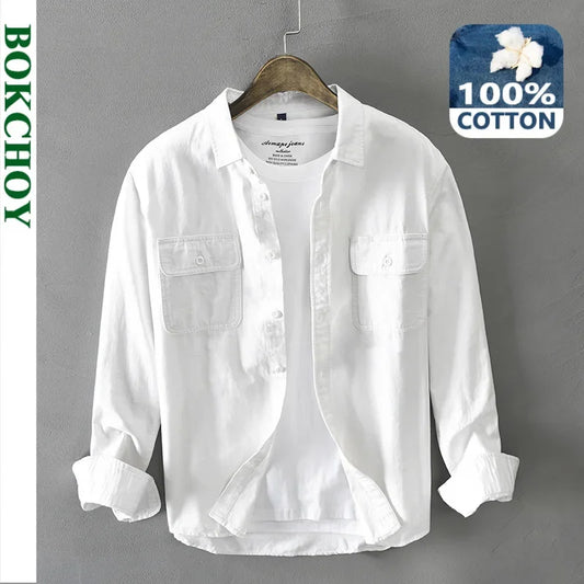 Spring and Autumn Long Sleeve Cargo White Shirts for Men Clothing Pure Cotton Retro Style Button Up Pocket  Streetwear AZ102