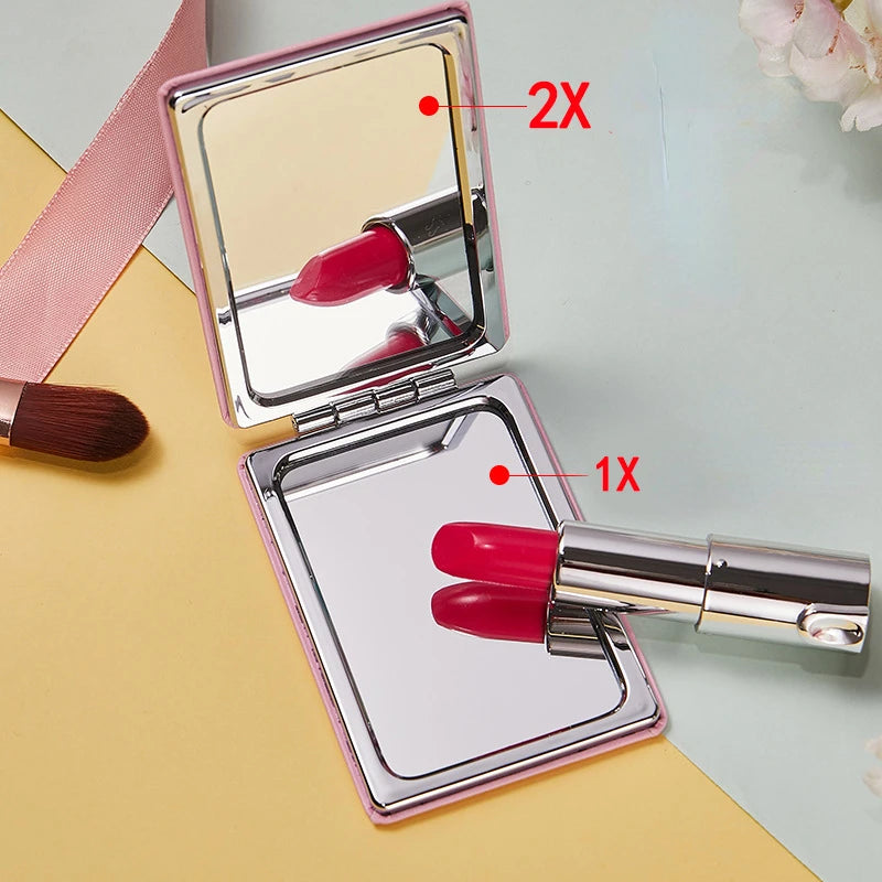 Mini PU Makeup Mirror Magnify Foldable Double Pocket Small Makeup Mirror for Travel Beauty Cosmetic Tool