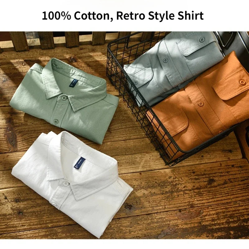 Spring and Autumn Long Sleeve Cargo White Shirts for Men Clothing Pure Cotton Retro Style Button Up Pocket  Streetwear AZ102