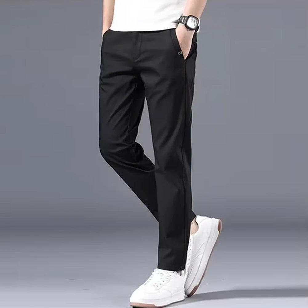 Fashion Men's Slim Fit Pants Solid Color Stretch Chino Trousers Casual Flat Front Flex Classic Full Pants Men Clothing