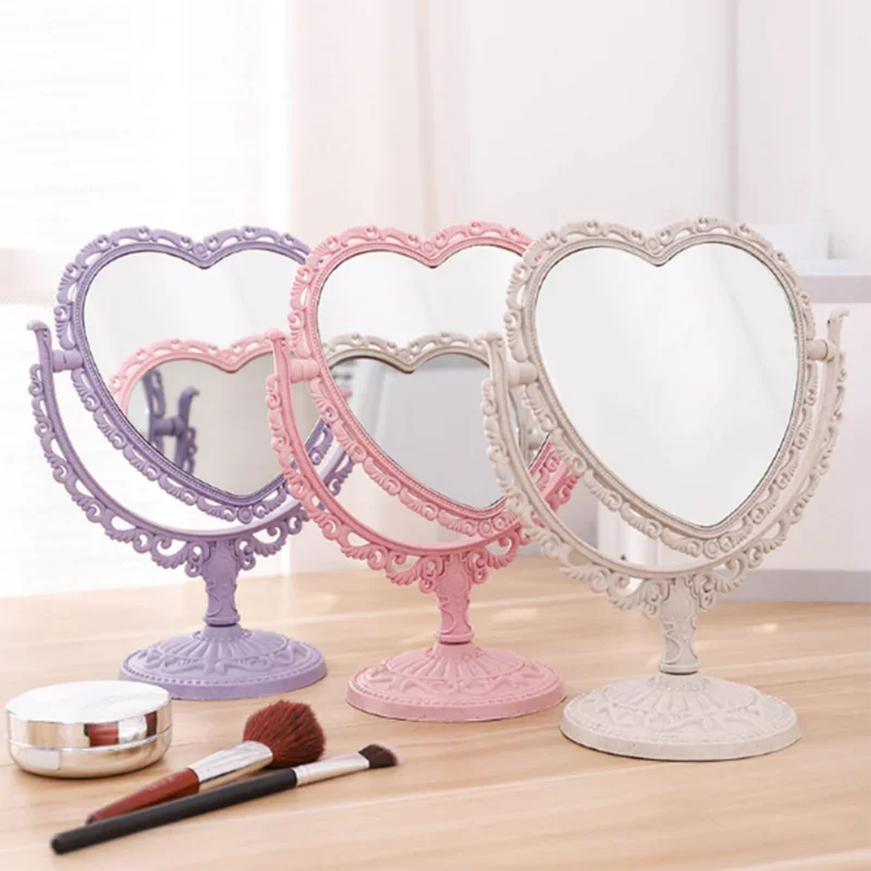 Desktop Makeup Mirror Heart Shape Vanity Portable Double-side Hand Cosmetic Compact for Women