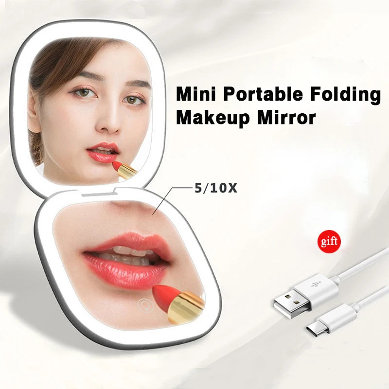 Mini Portable 5X 10X Magnifying Folding Makeup Mirror Led Lights Compact Pocket Travel Aesthetic Vanity Mirrors Make Up Tools