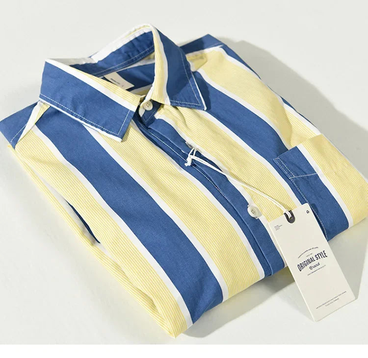 Men Clothing 2023 Autumn Winter New Men's Loose Casual Shirts Pockets Blue and Yellow Striped Fashion Cotton Comfortable Tops