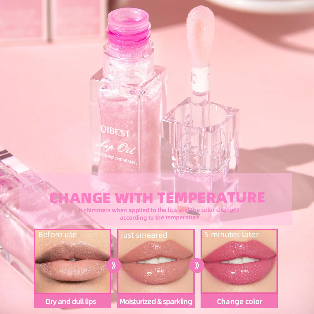 QIBEST Color Changing Lip Gloss Pearlescent Glassy Lip Oil Natural Moisturizing Lip Balm Reduce Lip Lines Jelly Plump Lips Care