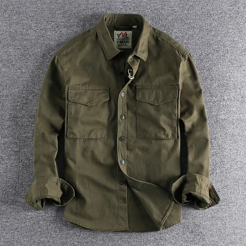 Cargo Shirt For Men Long Sleeve Premium Cotton Solid Color Washing Lapel Youth Japan Style Simple Handsome Boyfriend Clothing