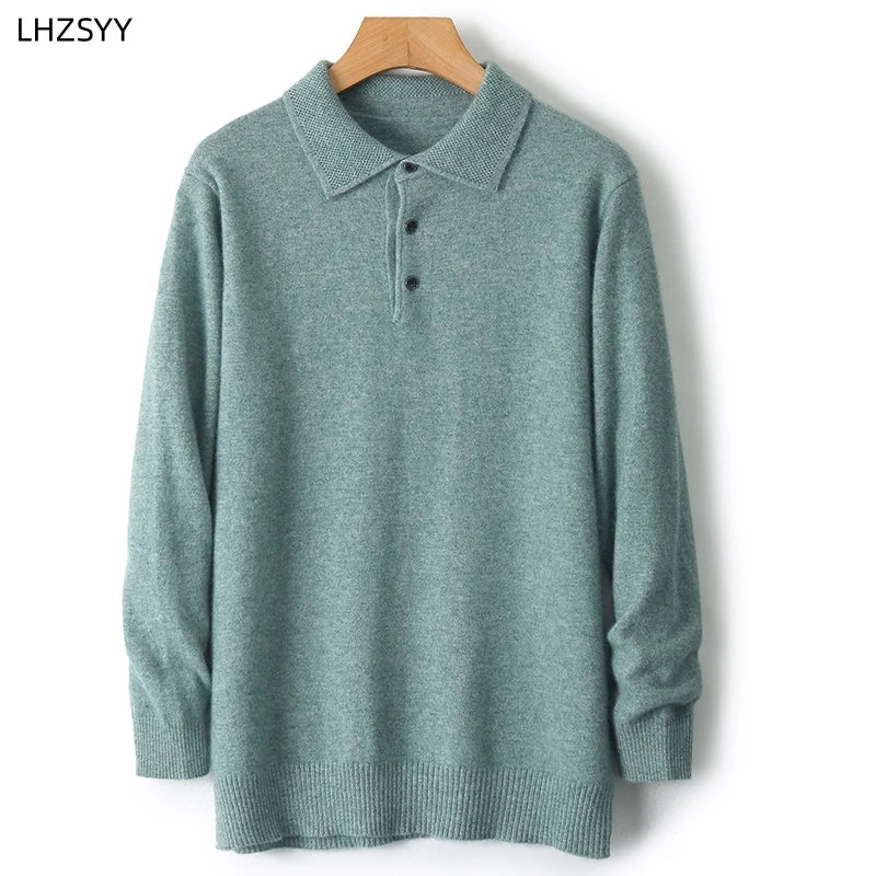 LHZSYY 100%Merino Wool Hot Cardigans Men Lapel Pullover Long Sleeve POLO Neck Sweaters Loose Tops Knit Clothing Large Size Shirt