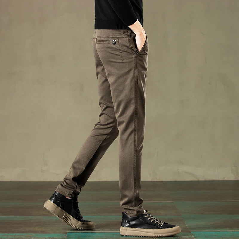 2024 Autumn New Men's Casual Pants Brand Clothing Business Elastic Waist Thick Classic Slim Trousers Male Black Grey Brow