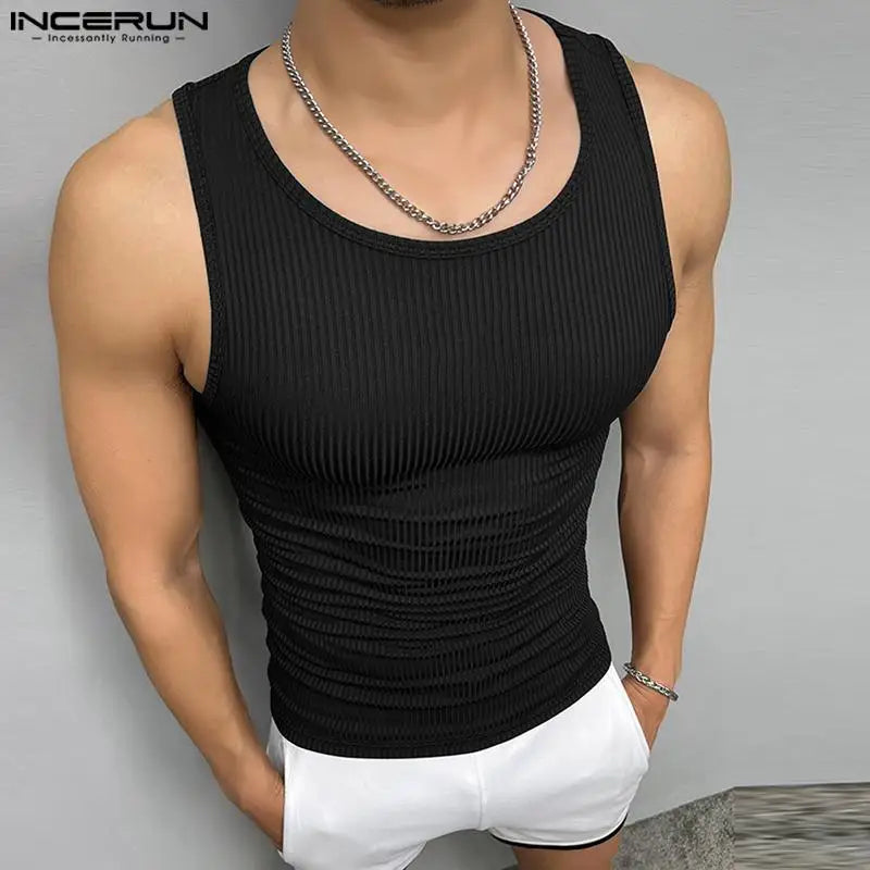 Men Tank Tops Solid Color O-neck Sleeveless Streetwear Skinny Summer Vests 2023 Sexy Fashion Casual Men Clothing S-5XL INCERUN