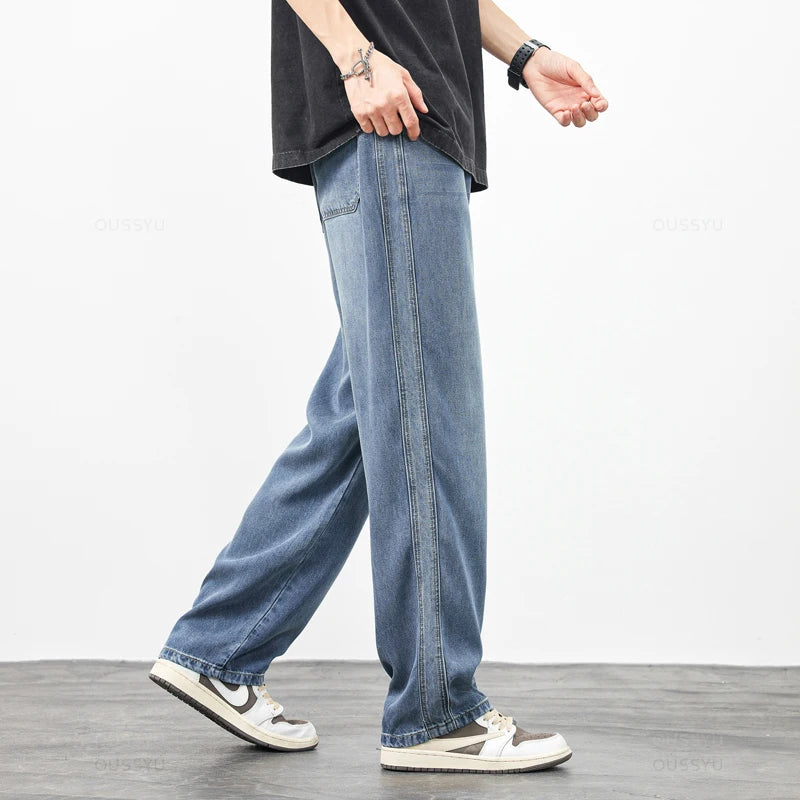 Brand Clothing Spring Summer Cosy Soft Lyocell Fabric Men's Jeans Loose Wide Leg Pants Elastic Waist Casual Trousers Plus Size