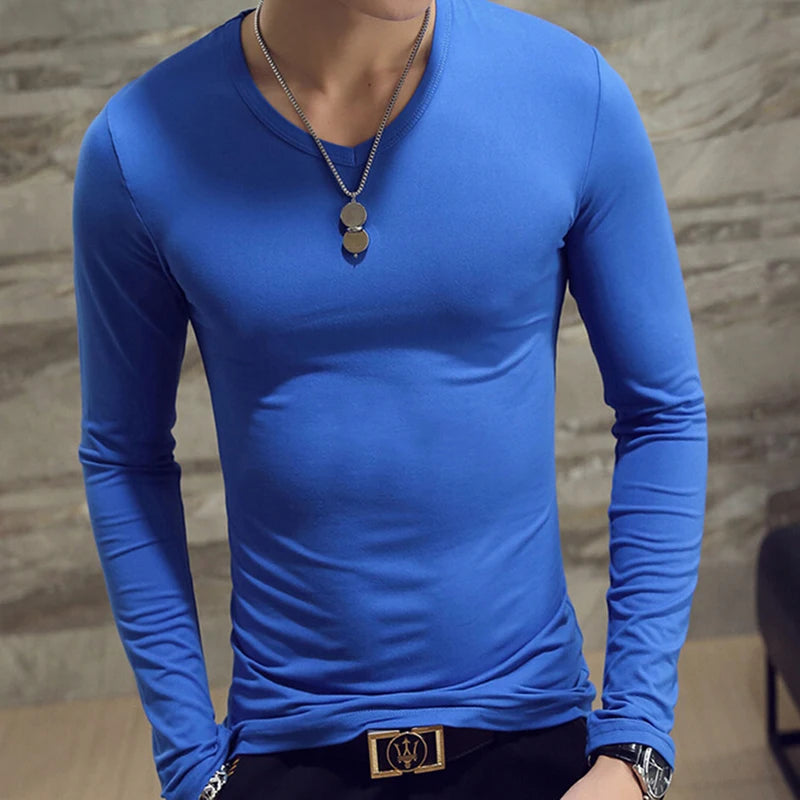 2020 Elastic Mens T-Shirt O-Neck Round Neck Long Sleeve Men T-Shirt For Male Lycra And Cotton T-Shirts Man Clothing