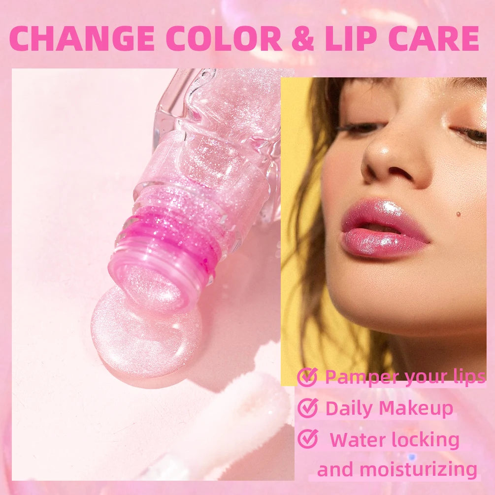 QIBEST Color Changing Lip Gloss Pearlescent Glassy Lip Oil Natural Moisturizing Lip Balm Reduce Lip Lines Jelly Plump Lips Care