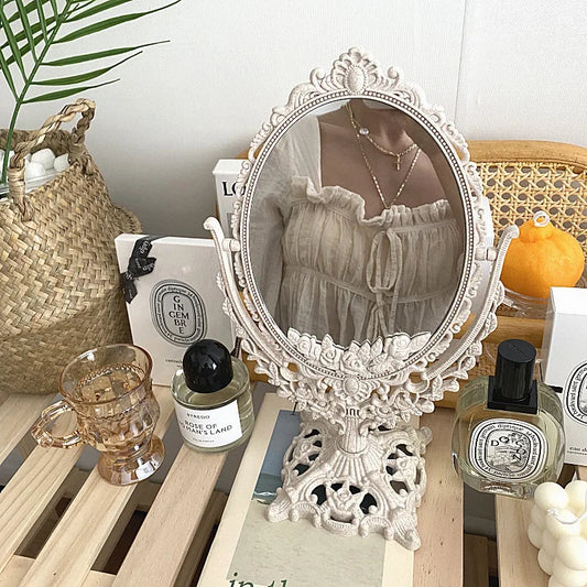 Oval Shaped Makeup Mirror Vintage European Style Makeup Mirror 360 Degree Rotating Swivel Desktop Makeup Mirror Tool Home Decor