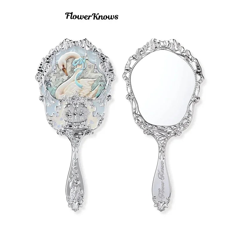 Flower Knows Swan Ballet Series Hand Holding Mirror 3 Types Exquisite Relief Makeup Tools Pink Blue White