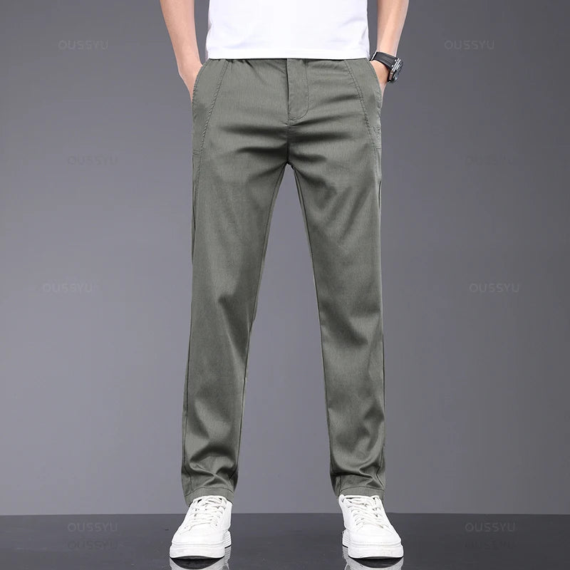 Brand Clothing Spring Summer New Thin Stretch Lyocell Fabric Men's Casual Pants Slim Elastic Waist Business Grey Trousers Male