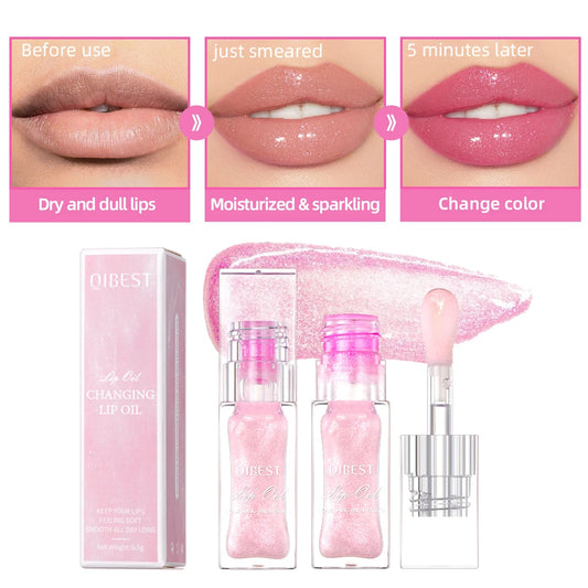 QIBEST Color Changing Lip Gloss Pearlescent Glassy Lip Oil Natural Moisturizing Lip Balm Reduce Lip Lines Jelly Plump Lips Care