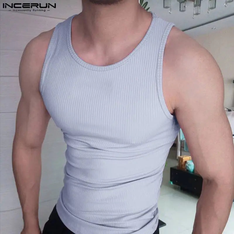 Men Tank Tops Solid Color O-neck Sleeveless Streetwear Skinny Summer Vests 2023 Sexy Fashion Casual Men Clothing S-5XL INCERUN