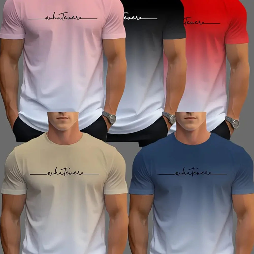 5 men's sports T-shirts, cool gradient 3D printed quick dry short sleeve fitness T-shirt, everyday casual sports top T-shirt