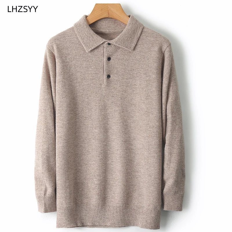 LHZSYY 100%Merino Wool Hot Cardigans Men Lapel Pullover Long Sleeve POLO Neck Sweaters Loose Tops Knit Clothing Large Size Shirt