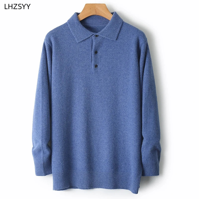 LHZSYY 100%Merino Wool Hot Cardigans Men Lapel Pullover Long Sleeve POLO Neck Sweaters Loose Tops Knit Clothing Large Size Shirt