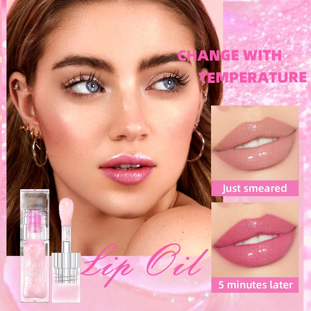 QIBEST Color Changing Lip Gloss Pearlescent Glassy Lip Oil Natural Moisturizing Lip Balm Reduce Lip Lines Jelly Plump Lips Care